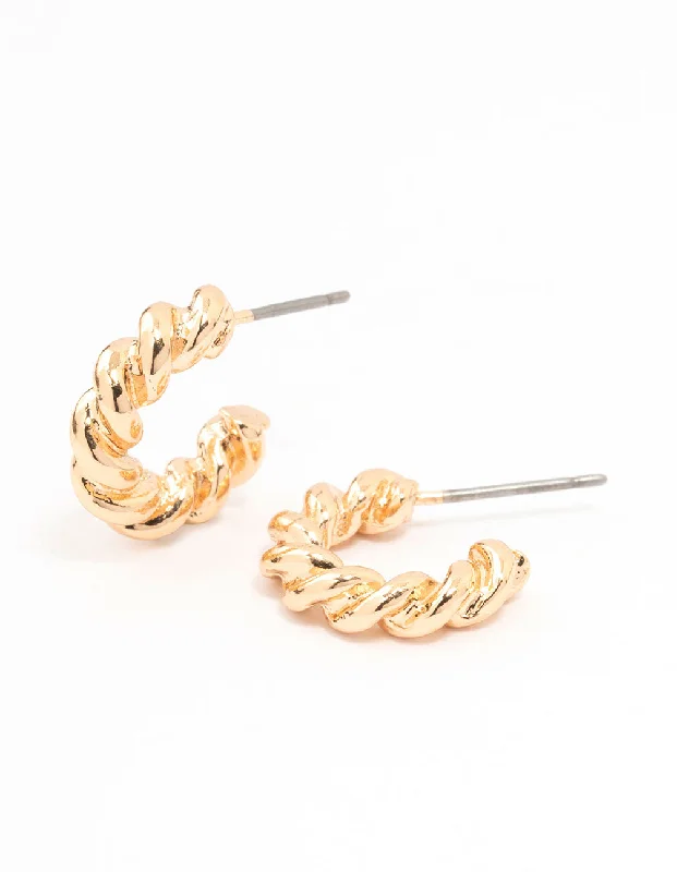 Vintage flair earrings-Gold Thick Twisted Rope Huggie Earrings