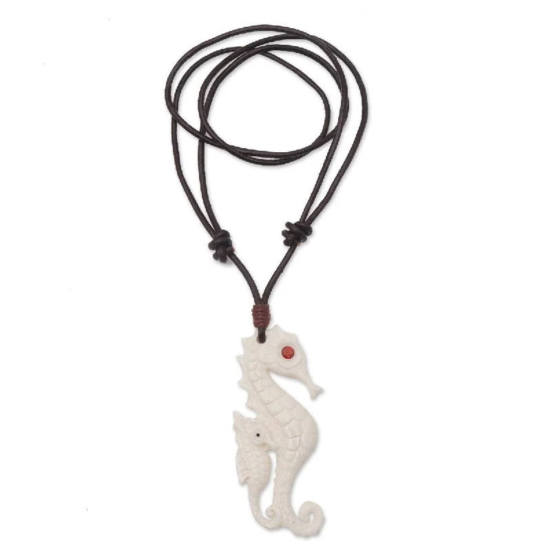 Elegant design necklaces-NOVICA Caring Seahorse, Bone and garnet pendant necklace - 18" min L - x 27.5" max L