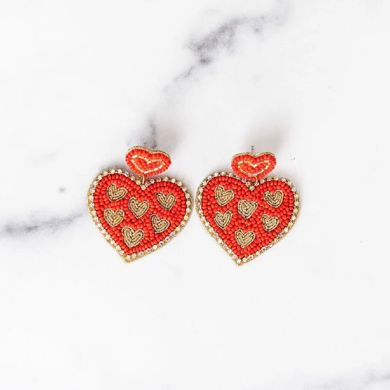 Morganite stud earrings-Red & Gold Hearts Beaded Earrings