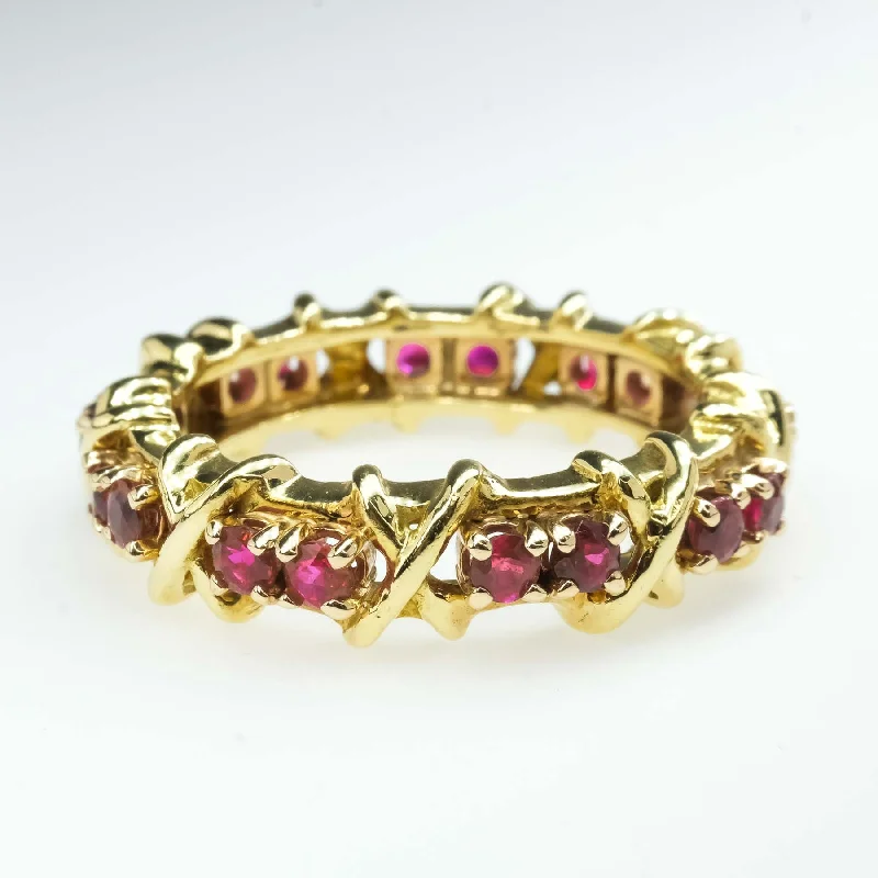 Polished bead engagement rings-0.99ctw Ruby XO Eternity Band Ring in 18K Yellow Gold