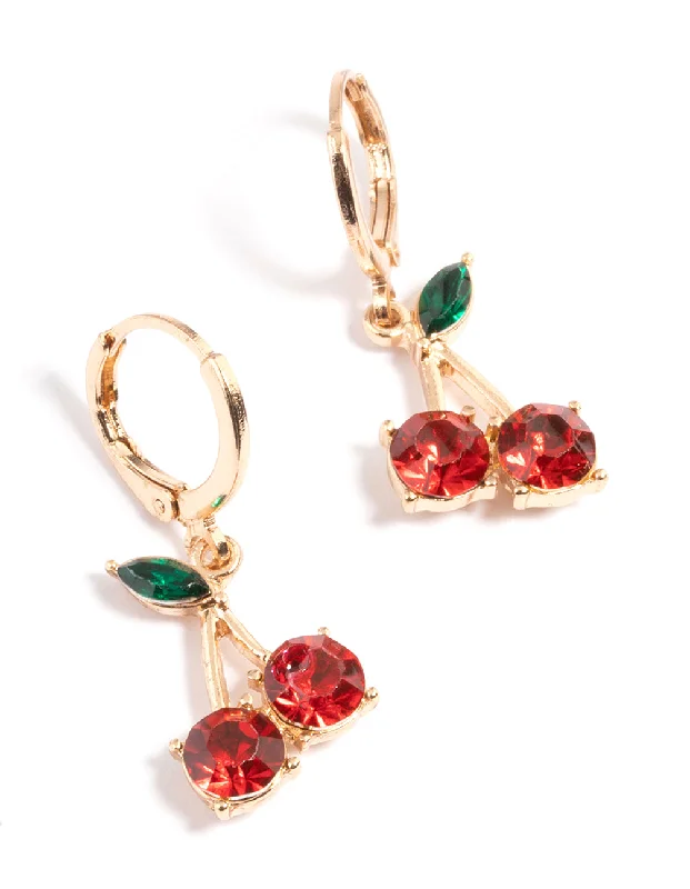 Playful pair earrings-Gold Diamante Cherry Medium Huggie Earrings