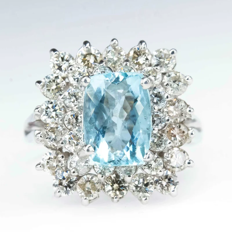 Petal carved engagement rings-1.55ct Cushion Cut Aquamarine & Diamond Double Halo Ring in 14K White Gold