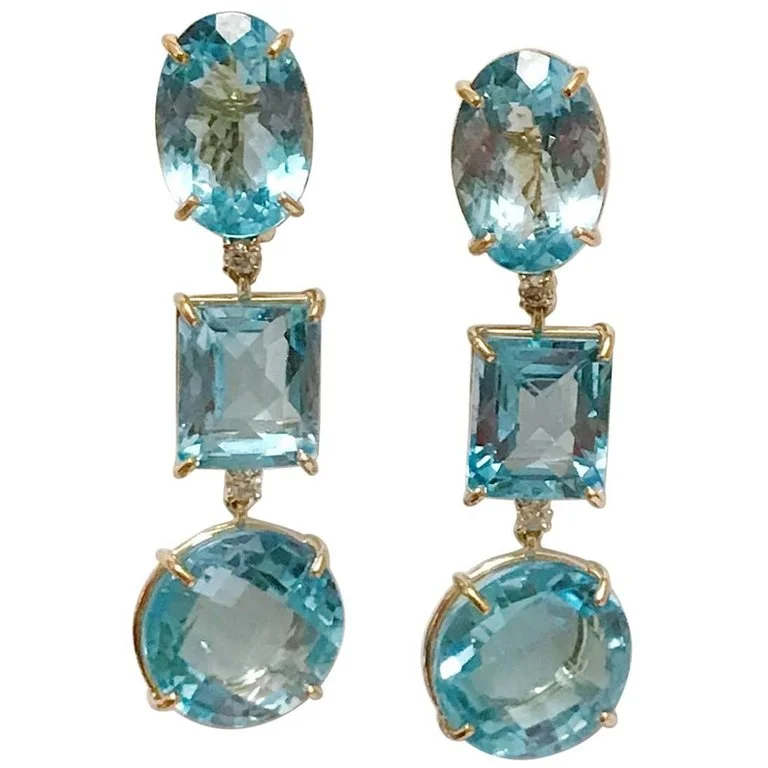 Polished bead earrings-18kt Yellow Gold Three Drop Earring with Blue Topaz and Diamond