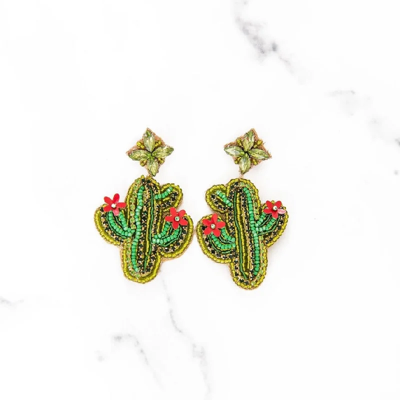 Fine triangle earrings-Jeweled + Beaded Green Cactus Earrings