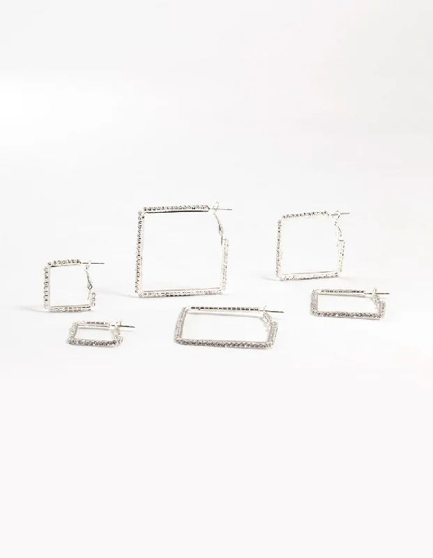 Flat badge earrings-Silver Diamante Square Hoop Earrings 3-Pack