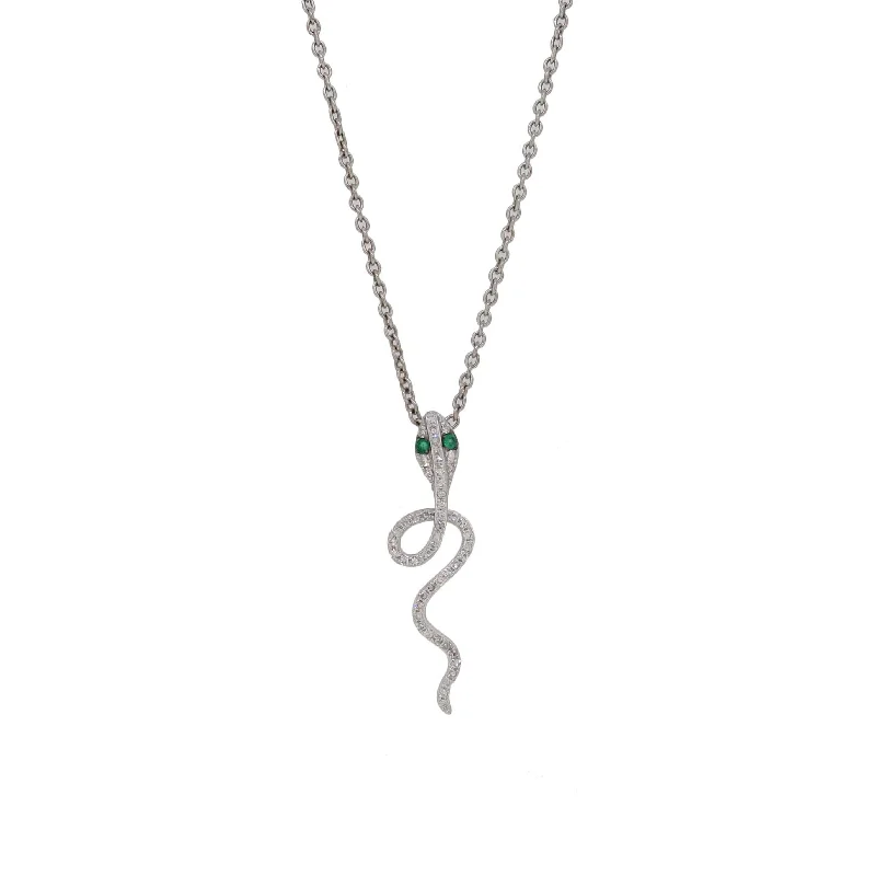 Silk thread necklaces-Joelle Diamond & Emerald Snake Necklace Pendant 14K White Gold 1/6 ct