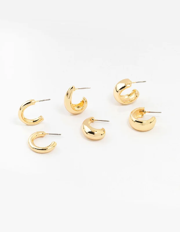 Tiny dot earrings-Gold Plated Chunky Hoop Earrings 3-Pack