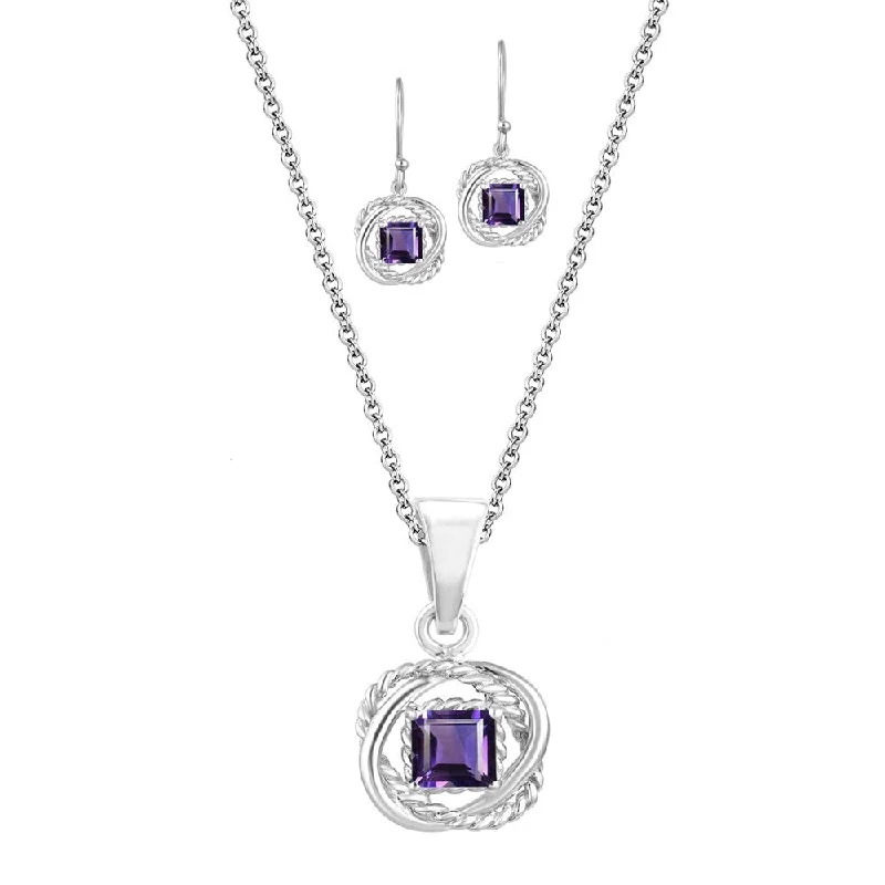 Vibrant enamel earrings-Set of Sterling Silver Twisted Wire Pendant and Earring in Natural Amethyst with 18" Chain